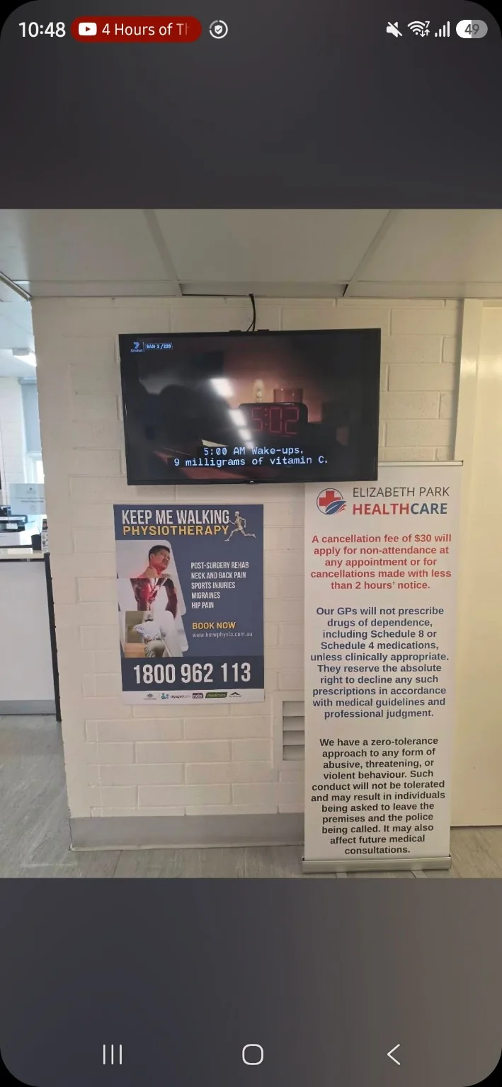 Keep Me Walking Physiotherapy poster inside the Elizabeth Park Healthcare waiting area